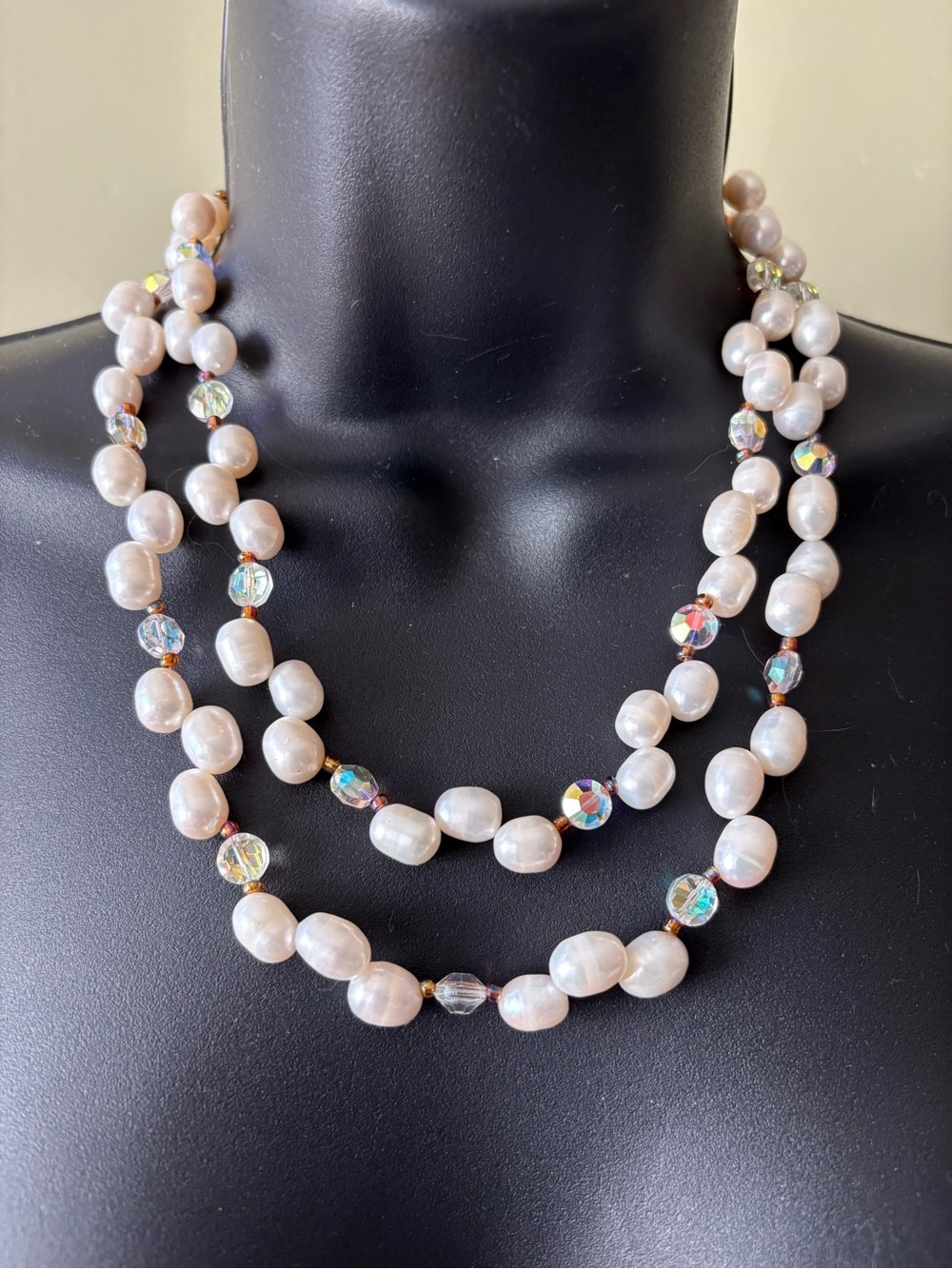Faux Pearl and Crystal Double Strand Necklace - White Pearls